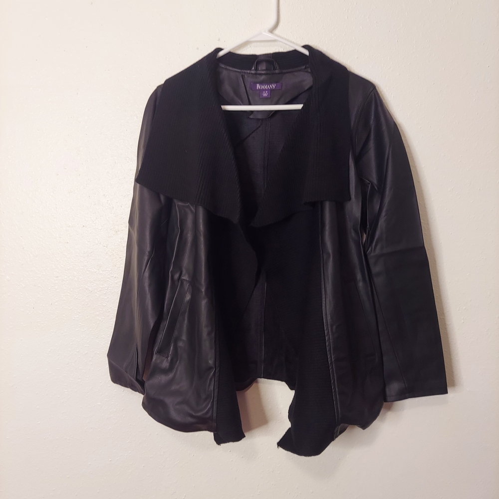 Roaman's Elegant Black Faux Leather Jacket with Open Front Sweater Edges.